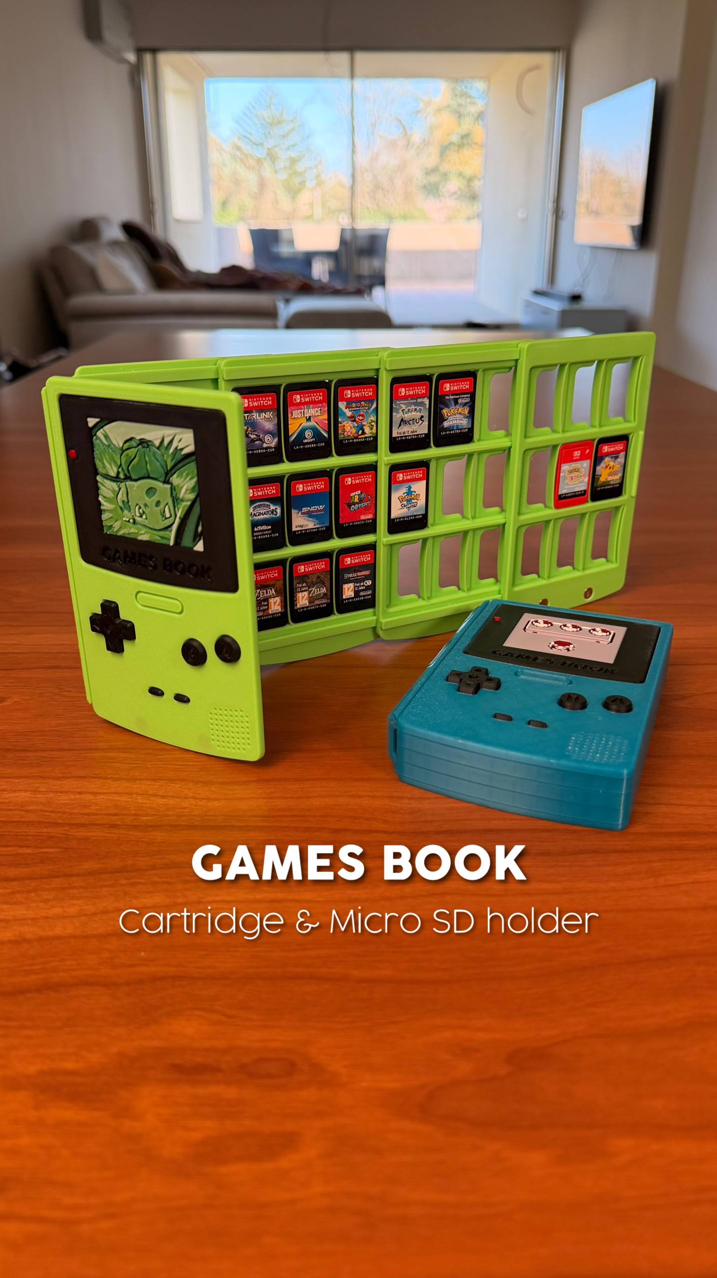 Games Book – Switch 1/2 Cartridge & Micro SD Holder (Gameboy-Inspired)